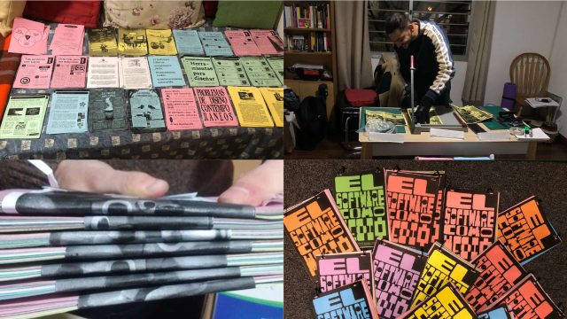Cuatro fotografías del proceso de producción casero de los fanzines.