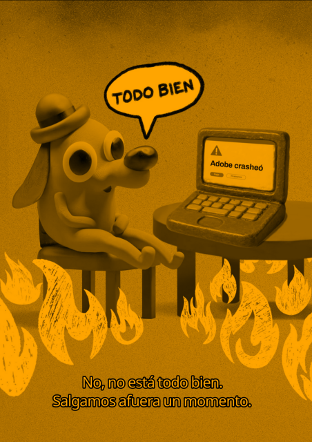 Página del fanzine, con la presencia destacada del perrito "this is fine"
