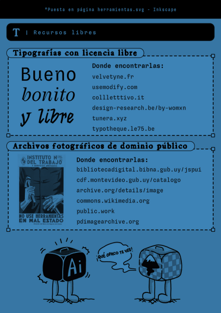 Página del fanzine donde se comparten herramientas y recursos de software libre para diseñadores. Debajo, un chiste entre illustrator e inkscape, quien le dice al primero "qué opaco te ves!".