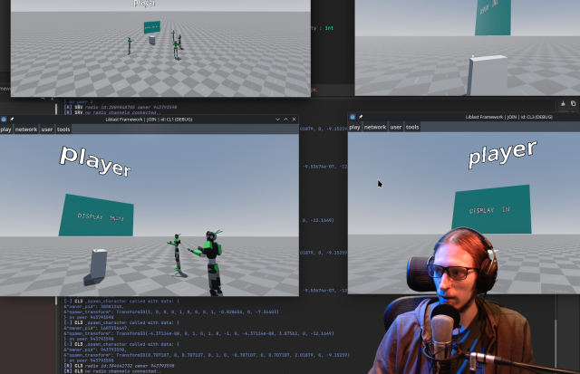 A cropped frame from the video: 4 instances of a game running on top of Godot editor,, with a colorful log visible and unfa's face in the bottom right corner.