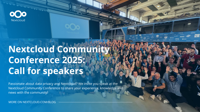 In the background there is a group picture of last year's Nextcloud Community Conference. The text reads: "Nextcloud community Conference 2025: Call for speakers"