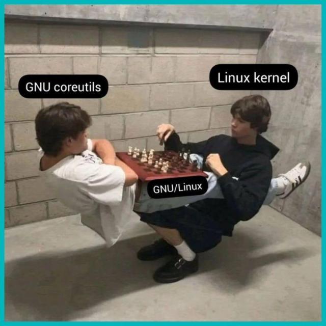 Two people are intertwined. 

One of them is kneeling down a bit (named: Linux kernel), and the other person (named: GNU coreutils) is positioned over the kneeling person.

They are both playing a game of Chess on a Chessboard named, "GNU/Linux".