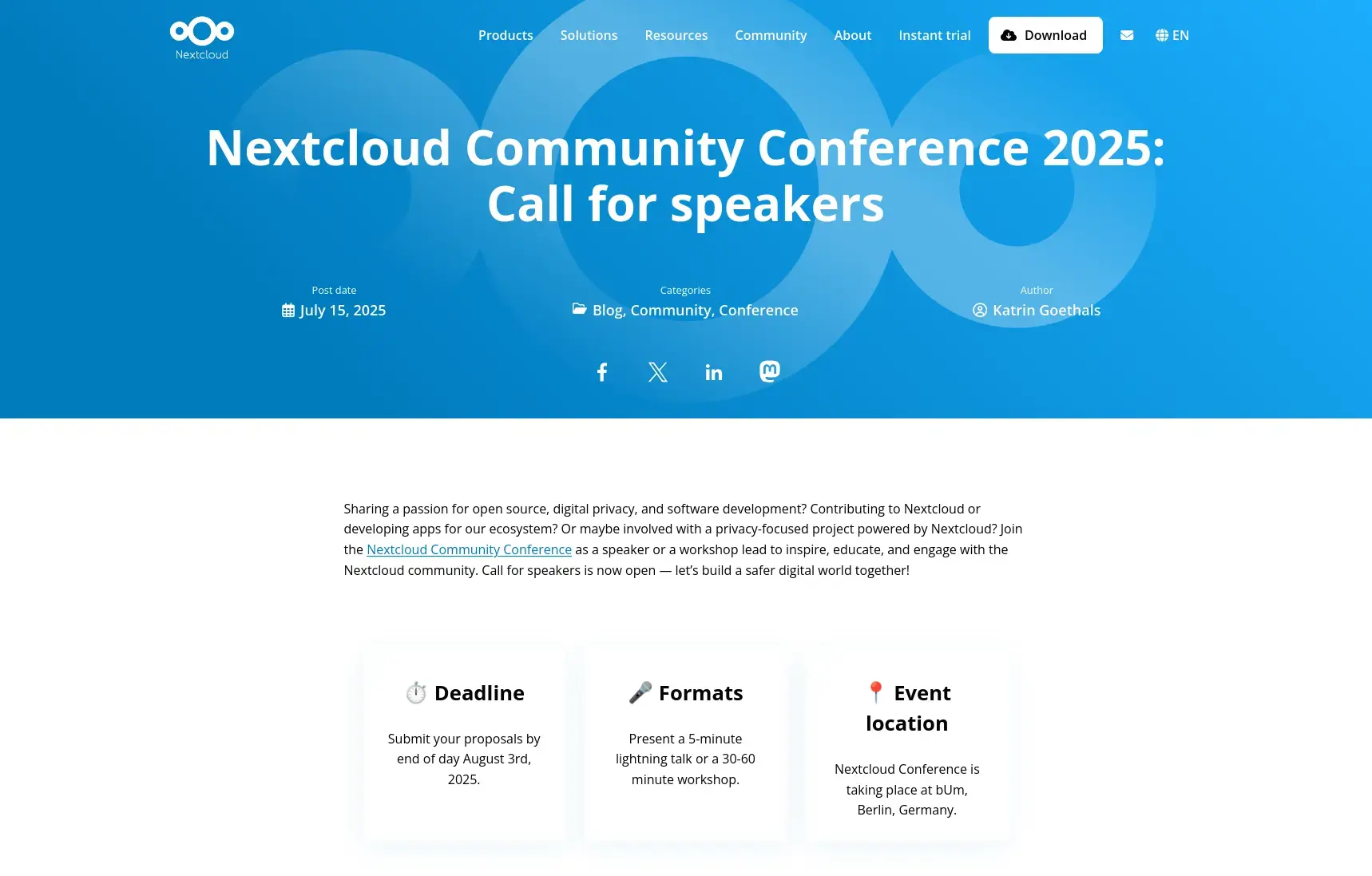Screenshot of the announcement of the Nextcloud Community Conference CfP without the event date, which is missing.