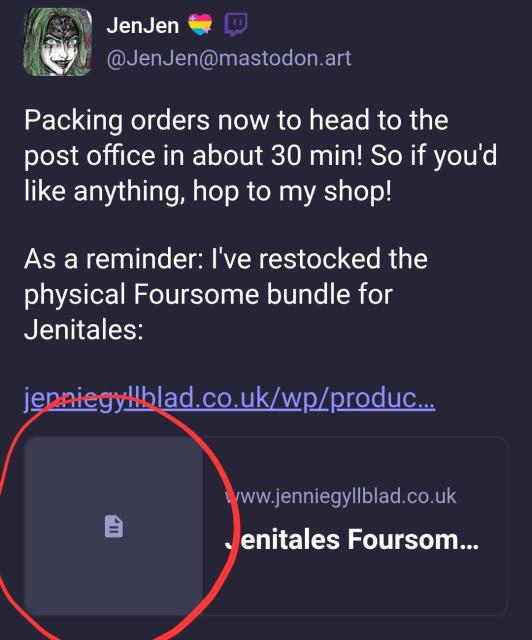 Screenshot of jens previous toot without a preview image for her link