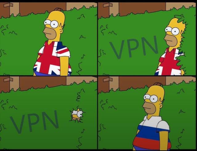 Homer meme from the simpsons, going in the bush British, coming out from another country (using a VPN) because of the atrocious and overreaching UK online safety act