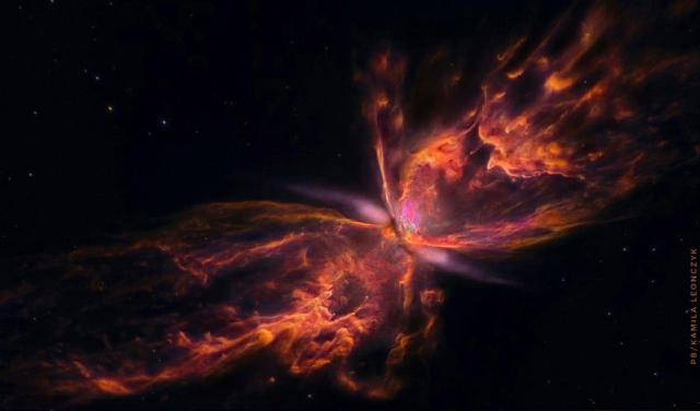The Butterfly Nebula, but rotated and mirrored to fit into the wallpaper