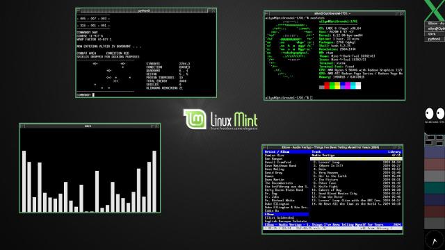 Screenshot of Linux Mint Debian Edition, running the CTWM window manager, with four terminal windows open (Super Star Trek, Neofetch, CMUS music player, Cava visualizer, clockwise from top left).
