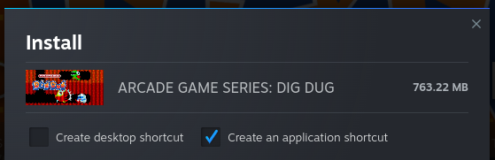 steam install dialogue for installing "arcade game series: dig dug". it's 762 megabytes