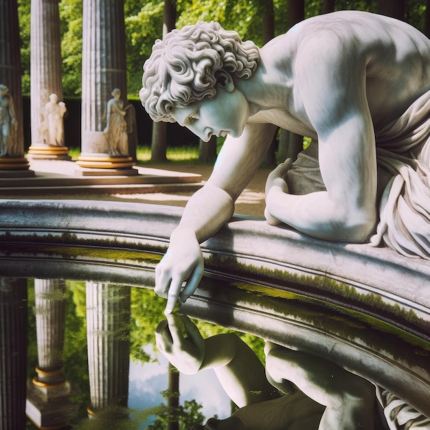 A marble statue of Narcissus leaning over a fountain, marveling at its reflection in the water.