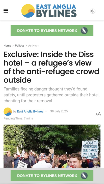 Article: https://eastangliabylines.co.uk/immigration/exclusive-inside-the-diss-hotel-a-refugees-view-of-the-anti-refugee-crowd-outside/
