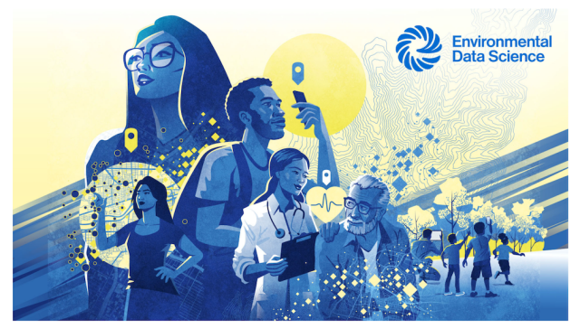 A stylized illustration of scientists with a variety of backgrounds overlain with representations of environmental data, such as network diagrams and topographic lines. The text "Environment Data Science", with a circular logo, is overlain on the top-tight.
