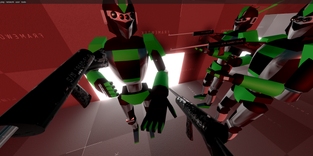 Screenshot from Liblast with 3 robots standing in front of the player, each holding a similar gun model (made of Godot's 3D primitives).

Each gun has a different serial number printed on it, and different patters of wear and tear.