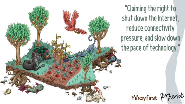 Right to shutdown internet postcard from Sursiendo's infrastructure and sustainability campaign