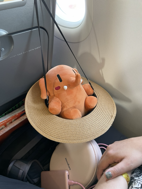 An apricot-colored Mastodon stuffed toy lounging inside a straw hat hanging off an airplane chair. 