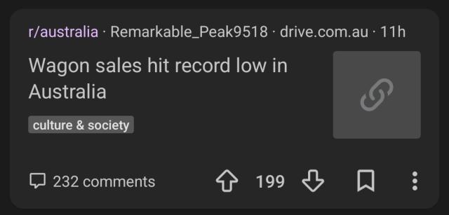 screenshot of a Reddit post of a news story. article title: wagon sales hit record low in australia