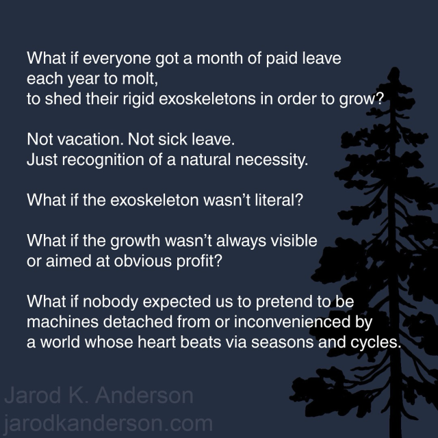 Text post: What if everyone got a month of paid leave each year to molt, to shed their rigid exoskeletons in order to grow?  Not vacation. Not sick leave. Just recognition of a natural necessity.  What if the exoskeleton wasn’t literal?  What if the growth wasn’t always visible or aimed at obvious profit?  What if nobody expected us to pretend to be machines detached from or inconvenienced by a world whose heart beats via seasons and cycles.