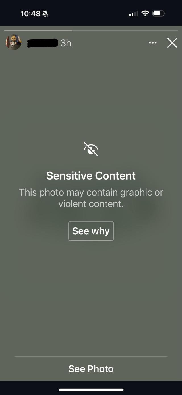 Instagram slaps a warning over the entire screen, saying, "Sensitive content. This photo may contain graphic or violent content." There is a button saying "See why" and another saying "see photo."