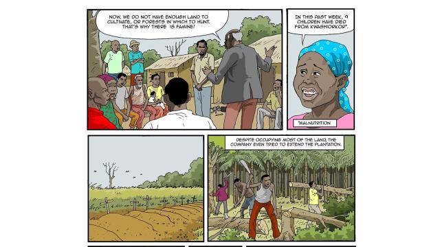 This powerful #comic is by Didier Kassai and Dieudonne Botoko Kendewa is about a community in the #Congo 🇨🇩 living next to the #Feronia #palmoil plantation. They faced #violence and #landgrabbing from this corporation. Take action! #Boycottpalmoil 🌴🩸☠️🚫https://palmoildetectives.com/2022/06/16/the-people-versus-feronia-fighting-palm-oil-agrocolonialism-in-the-congo/?utm_source=mastodon&utm_medium=Palm+Oil+Detectives&utm_campaign=publer 