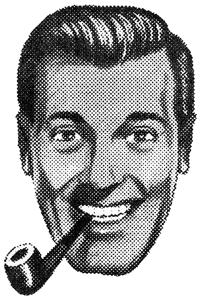 Black and white image of a face of a man with smoking pipe. He smiles broadly, has short, combed hair.