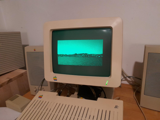 Sunrise in Marseille, with the sea in the foreground. It's displayed in green and white on my Apple II monitor.