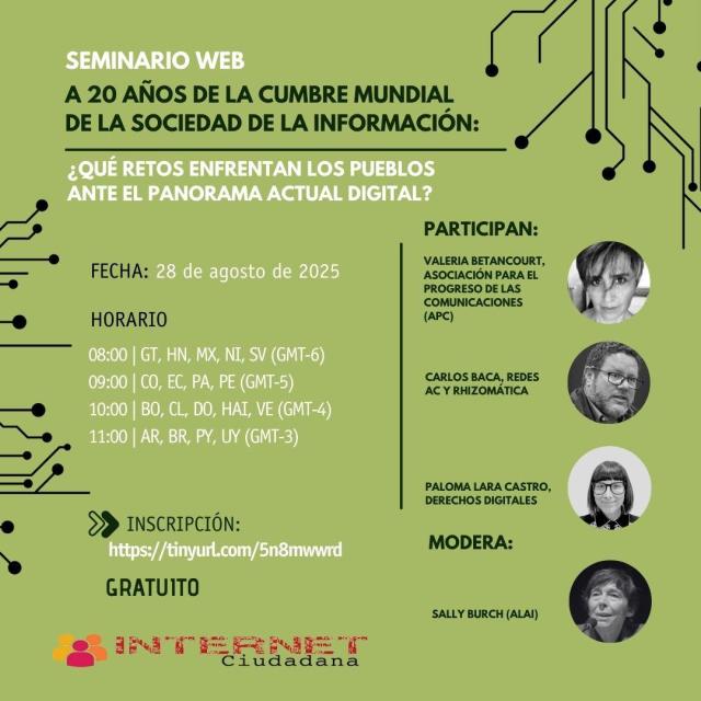 Cartel webinario "A 20 años de la cumbre mundial de la sociedad de la información".
