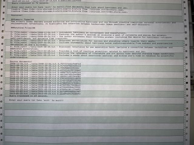 Dot matrix output from a RAG query application on wide format greenbar paper. 