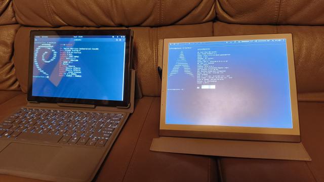 A Pinetab-V running Debian and a PineNote running Arch.