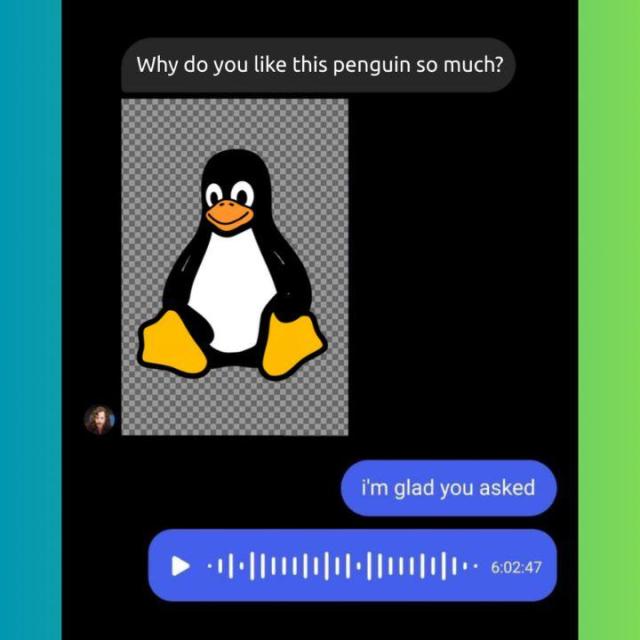 A chat window is shown, where Person A asks: Why do you like this penguin so much? With a picture of Tux, the mascot of Linux, being sent after that.

To that, Person B says: i'm glad you asked, followed by a 6 hour, 2 minute, and 57 second voice note.