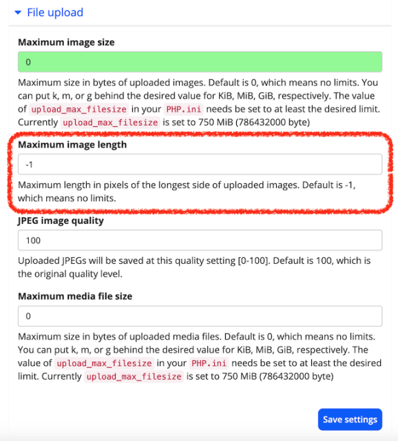 Admin Settings Maximum Image Length (size) in pixels.