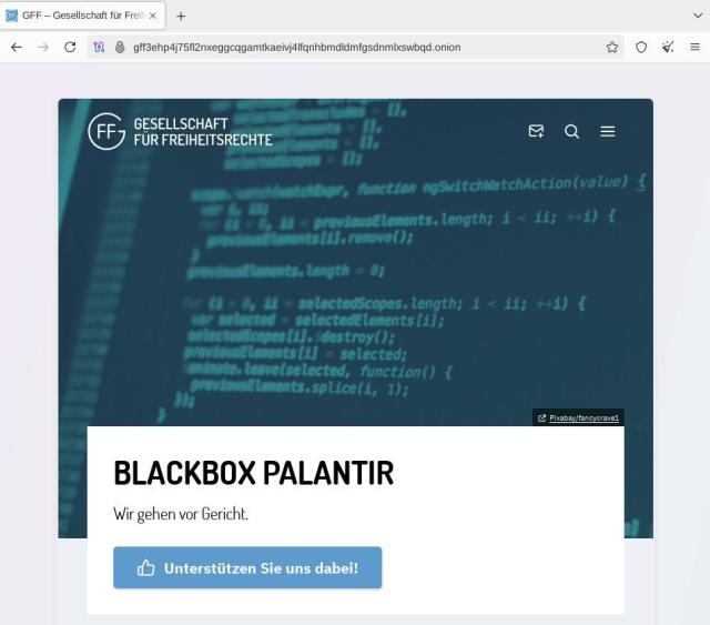 Screenshot der Website der Gesellschaft für Freiheitsrechte im Tor Browser als Hidden Service, von heute