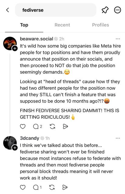 “I think we've talked about this before... fediverse sharing won't ever be finished because most instances refuse to federate with threads and then most fediverse people personal block threads meaning it will never work as it should!”