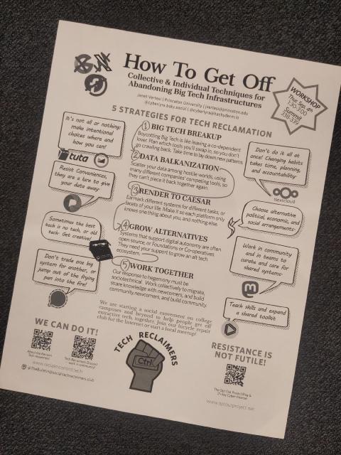 Sheet of paper titled How To Get Off about getting off big tech.