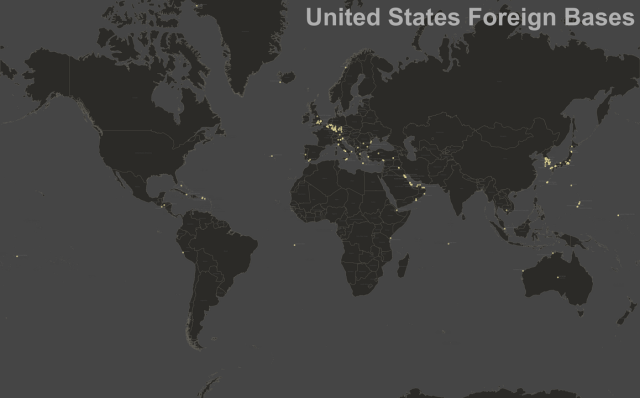 Image from Wikipedia showing U.S. military installations in a far more limited number of locations than the made-up graphic on the so-called Department of War site. 