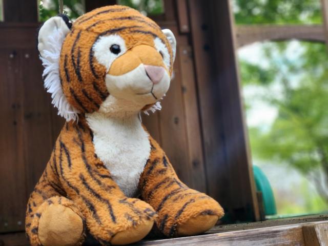 Stuffed tiger sitting peacefully in a treehouse