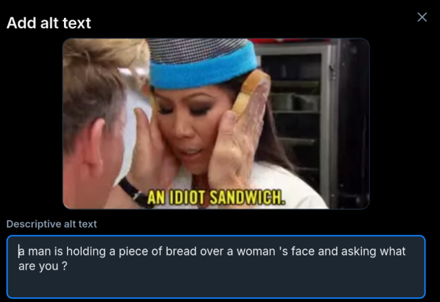 The idiot sandwich meme. The default alt text is "a man is holding a piece of bread over a woman 's face and asking what are you ?"