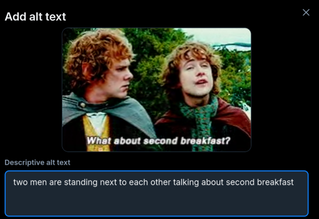 Clip from The Hobbit with the subtitle "What about second breakfast?". The default alt text is "two men are standing next to each other talking about second breakfast".