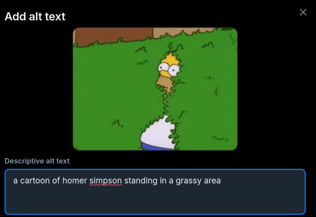 The meme of Homer Simpson walking backwards into a hedge. The default alt text is "A cartoon of homer simpson standing in a grassy area."