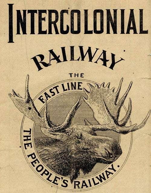 Logo of the Intercolonial Railway of Canada, showing the head of a moose with the text "FASTE LINE" and "THE PEOPLE'S RAILWAY"