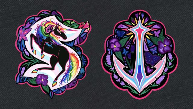 Kraken S logo with flowers around it and a black unicorn with rainbow mane, tail, hooves, and horn embedded inside it. Primarily blue and pink Anchor logo with flowers around it. Everything is very colorful and joyful.