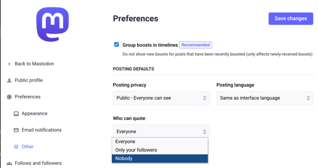 A screenshot showing the Preferences -> Other -> Who can quote option in Mastodon 4.4
