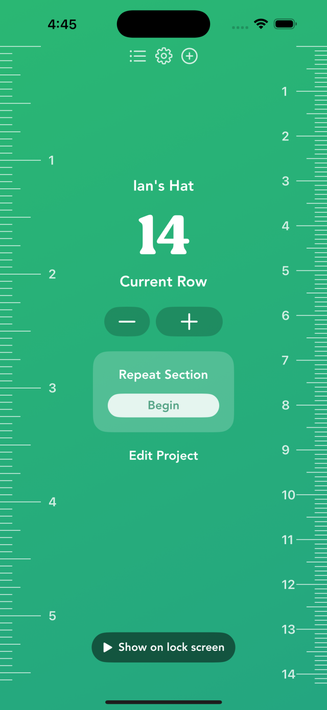 Screenshot of a ruler and row counting iPhone app for knitters and crocheters