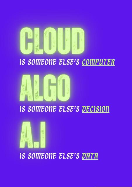 cartel azul, con letras amarillas, pone en inglés:
A NUBE

Es la computadora de alguien más.

EL ALGORITMO

Es la decisión de alguien más.

A.I.

Es la información de alguien más.