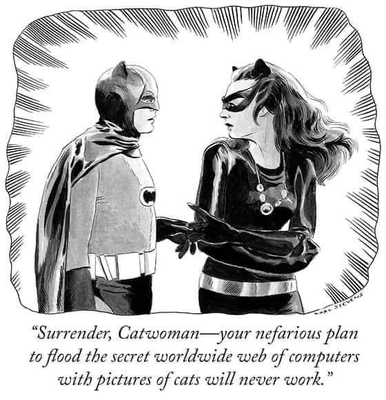 "Surrender, Catwoman-your nefarious plan to flood the secret worldwide web of computers with pictures of cats will never work." by Karl Stevens