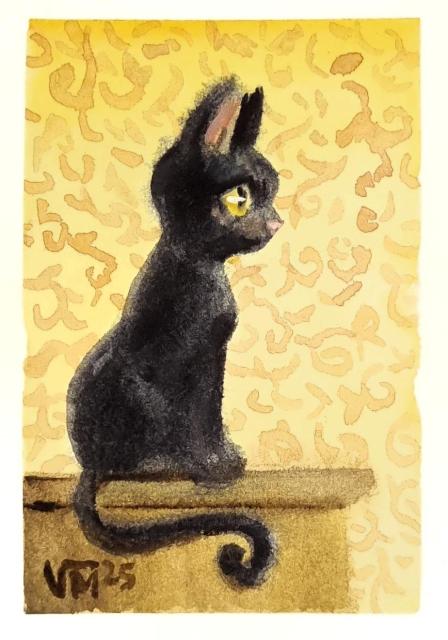 Painting of a black cat on top of a counter against a yellow wallpaper.