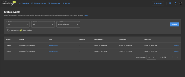 Screen from Vernissage with list of ActivityPub events connected with the status.