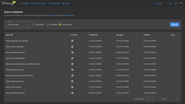 Screen from Vernissage with list of instances where specific event has been send.