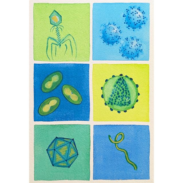 watercolor viruses in blue and green 