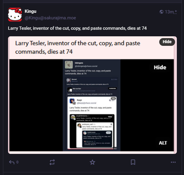Recursive copy/paste of screenshots of posts of "Larry Tesler, inventor of the cut, copy, and paste commands, dies at 74"