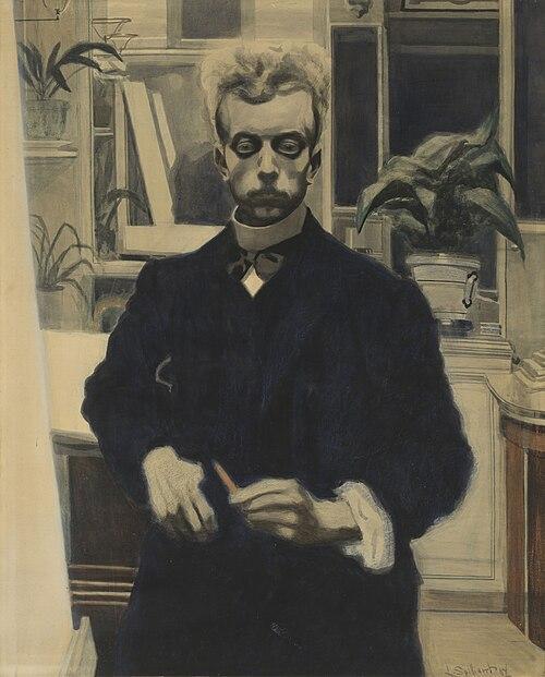Self-Portrait with a Red Pencil by Léon Spilliaert, 1908.

During his youth, Spilliaert painted a series of self-portraits. Initially, these were simple representations of his appearance, but later they evolved into complex images in which reality, reflection, and fantasy merge. 

In Self-Portrait with Red Pencil, he depicted himself as a black silhouette with dark-rimmed eyes. He holds a red pencil in his hand with determination. He is in a room in his parents' house, bathed in nighttime light, wearing a dark suit with a stiff collar, which he often wore. Everyone who met Spilliaert at that time was struck by his appearance, which betrayed his tormented, restless soul.

https://www.muzee.be/nl/collectie-1/zelfportret-met-rood-potlood

https://commons.wikimedia.org/wiki/File:L%C3%A9on_Spilliaert_-_Self-Portrait_with_a_Red_Pencil.jpg
