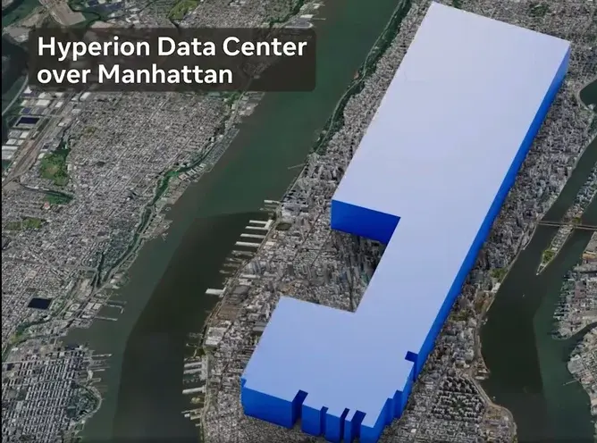 Meta's planned 5GW Hyperion Data Center overlaid on Manhattan to demonstrate its size. 
